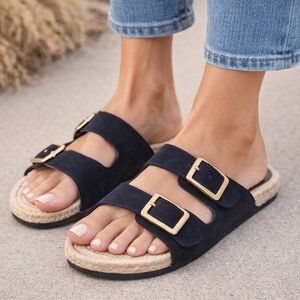 Haute Hippie Black Double-Buckle Slide Sandals with Gold Buckles